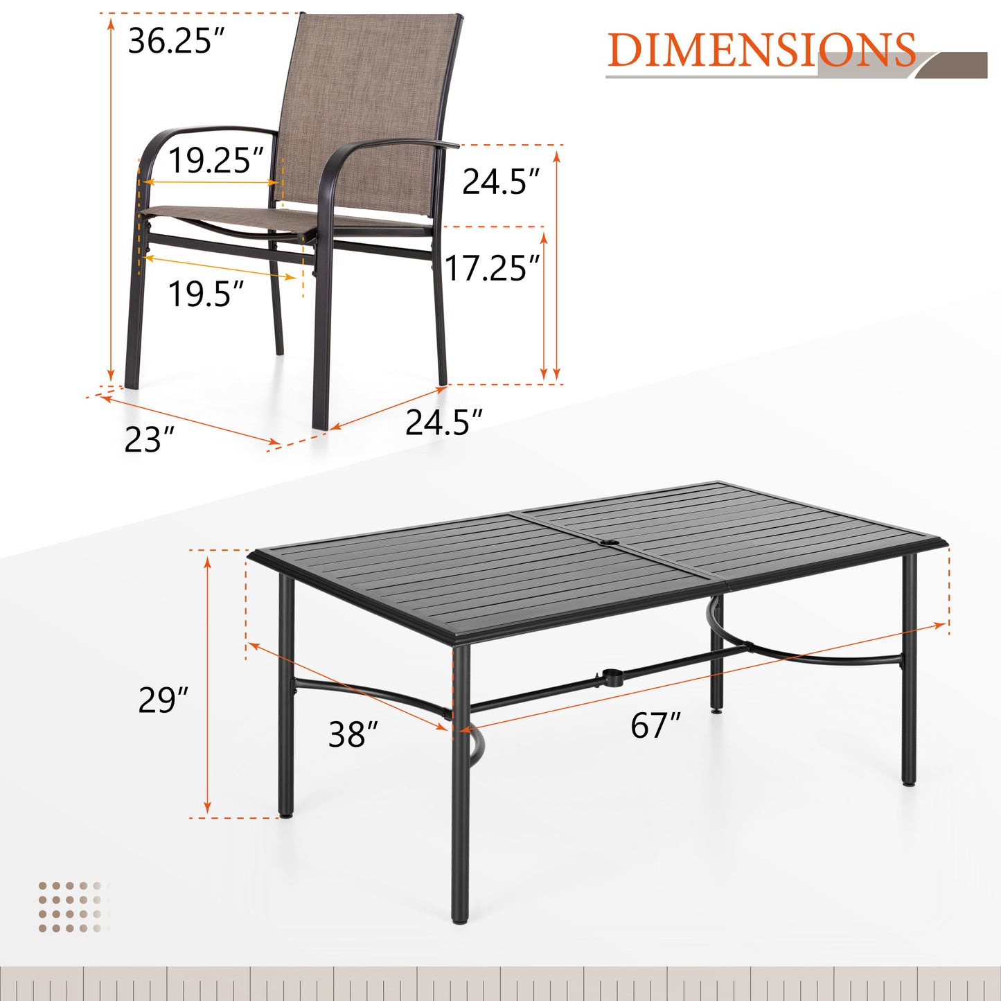 Sophia & William 7 Piece Patio Metal Dining Set 67" Dining Table and 6 Textilene Chairs-Brown