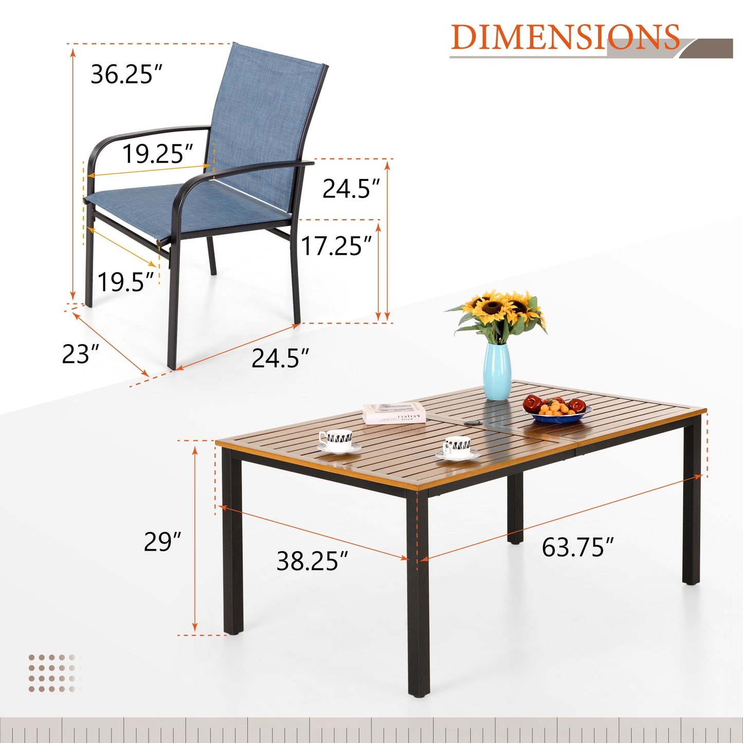 Sophia & William 7 Piece Patio Dining Set Teak Dining Table and 6 Blue Textilene Chairs