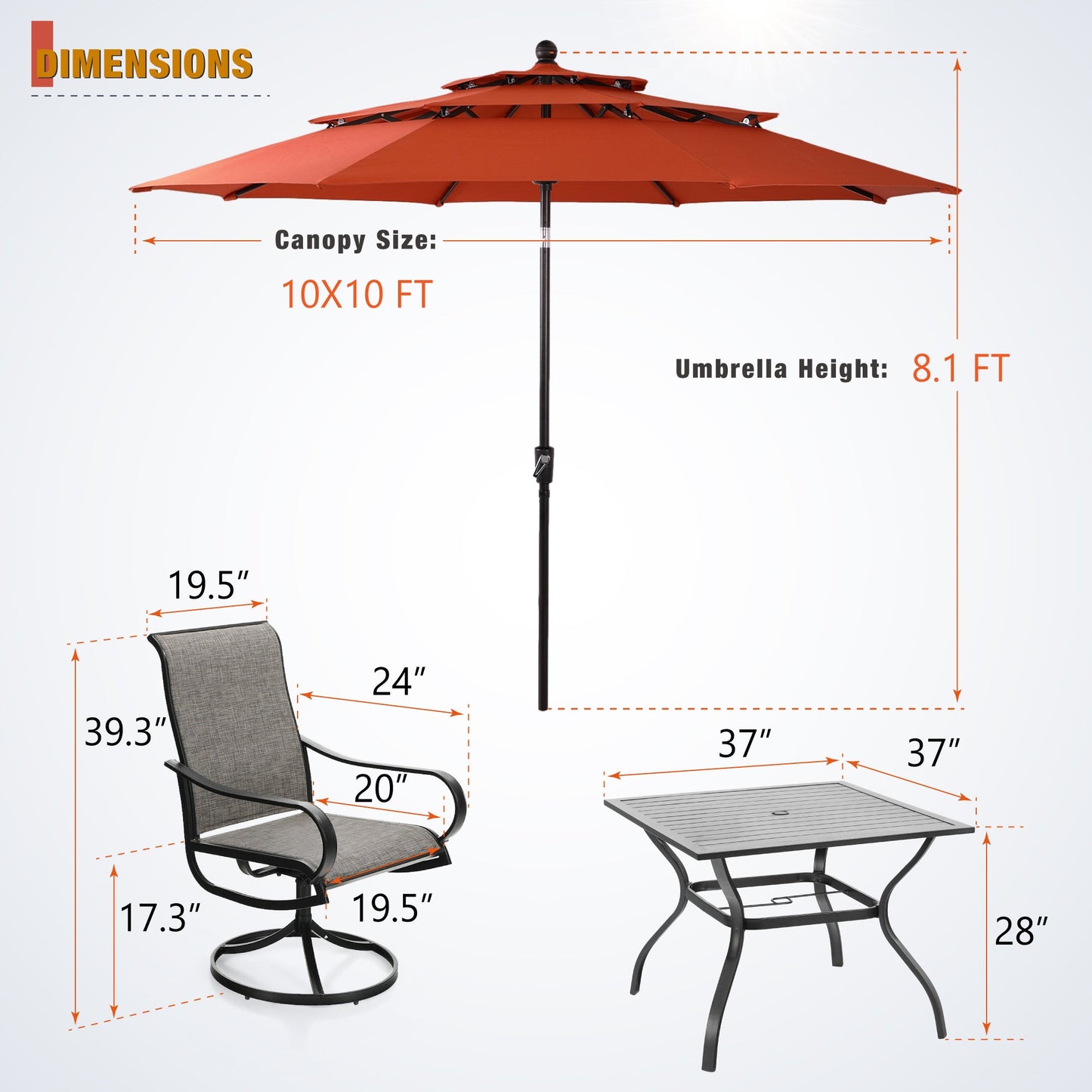 Sophia & William 6-Piece Outdoor Patio Dining Set with 10 FT Orange Red Umbrella, Textilene Chairs & Square Table for 4-person