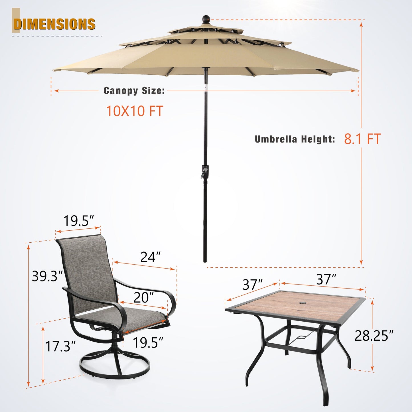 Sophia & William 6-Piece Outdoor Patio Dining Set with 10 FT Umbrella, 4 PCS Textilene Chairs & Square Table, Beige Umbrella