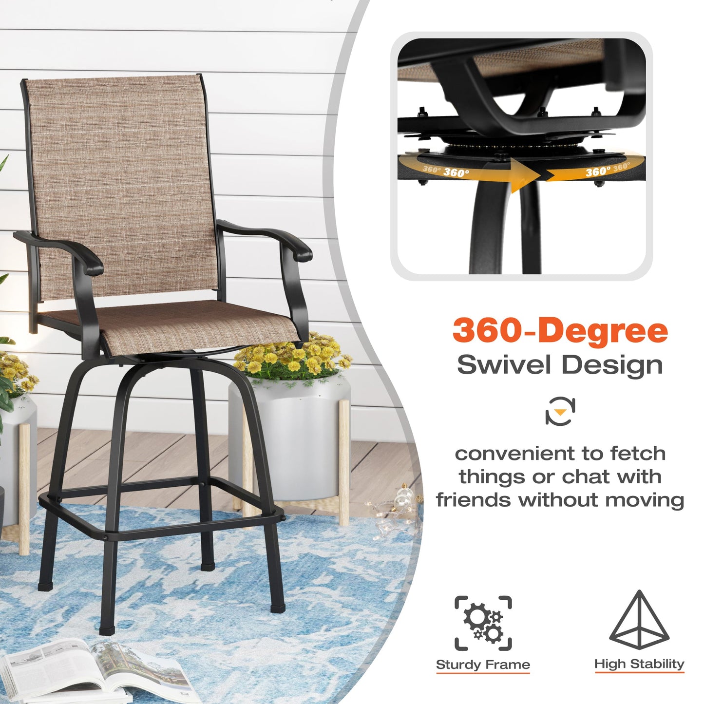 Sophia & William 5 Piece Patio Outdoor Bar Set Height Teak Wood Table and Swivel Chairs Metal Furniture Set