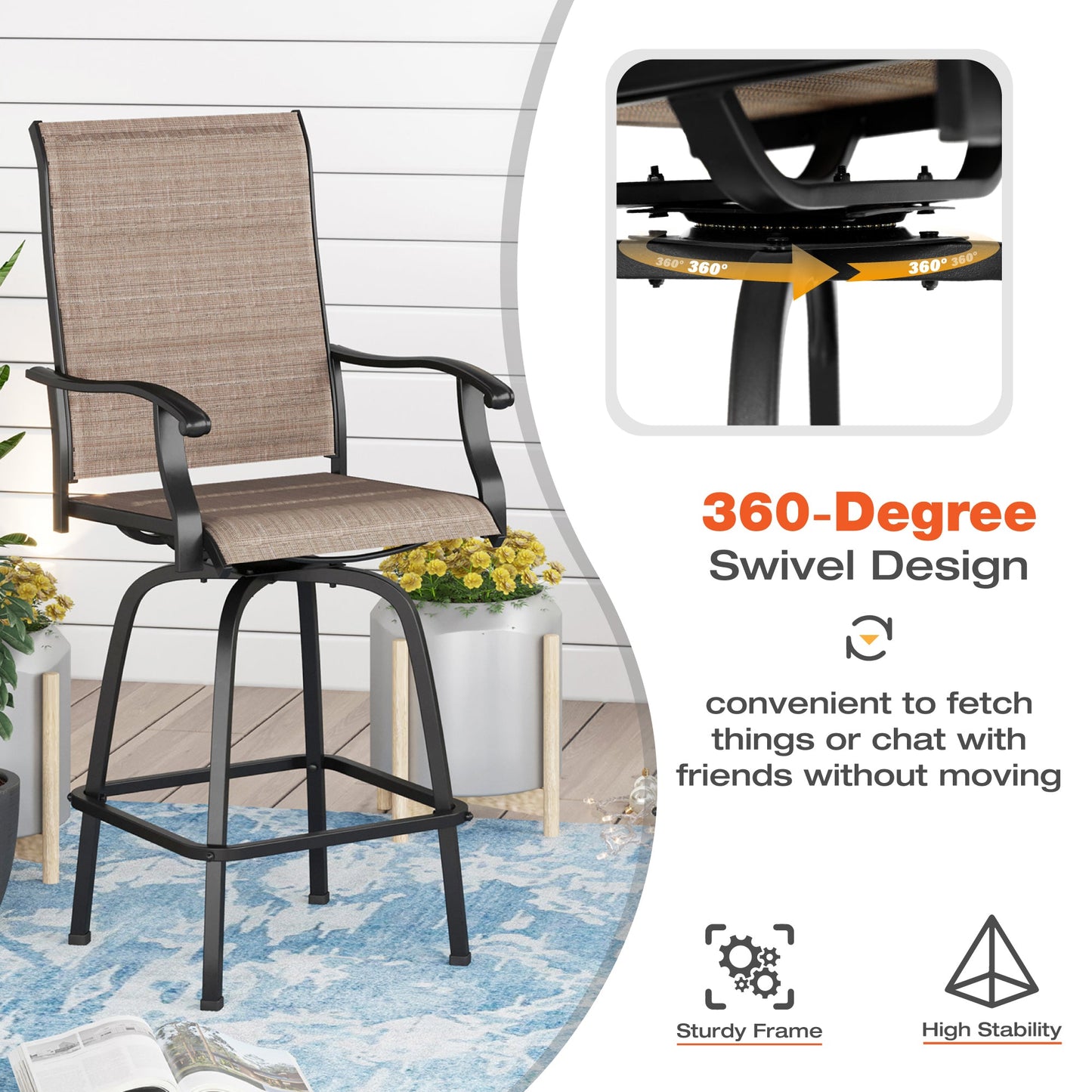 Sophia & William 5 Piece Patio Bar Set Outdoor Furniture Set with Padded Textilene Swivel Stool and Table