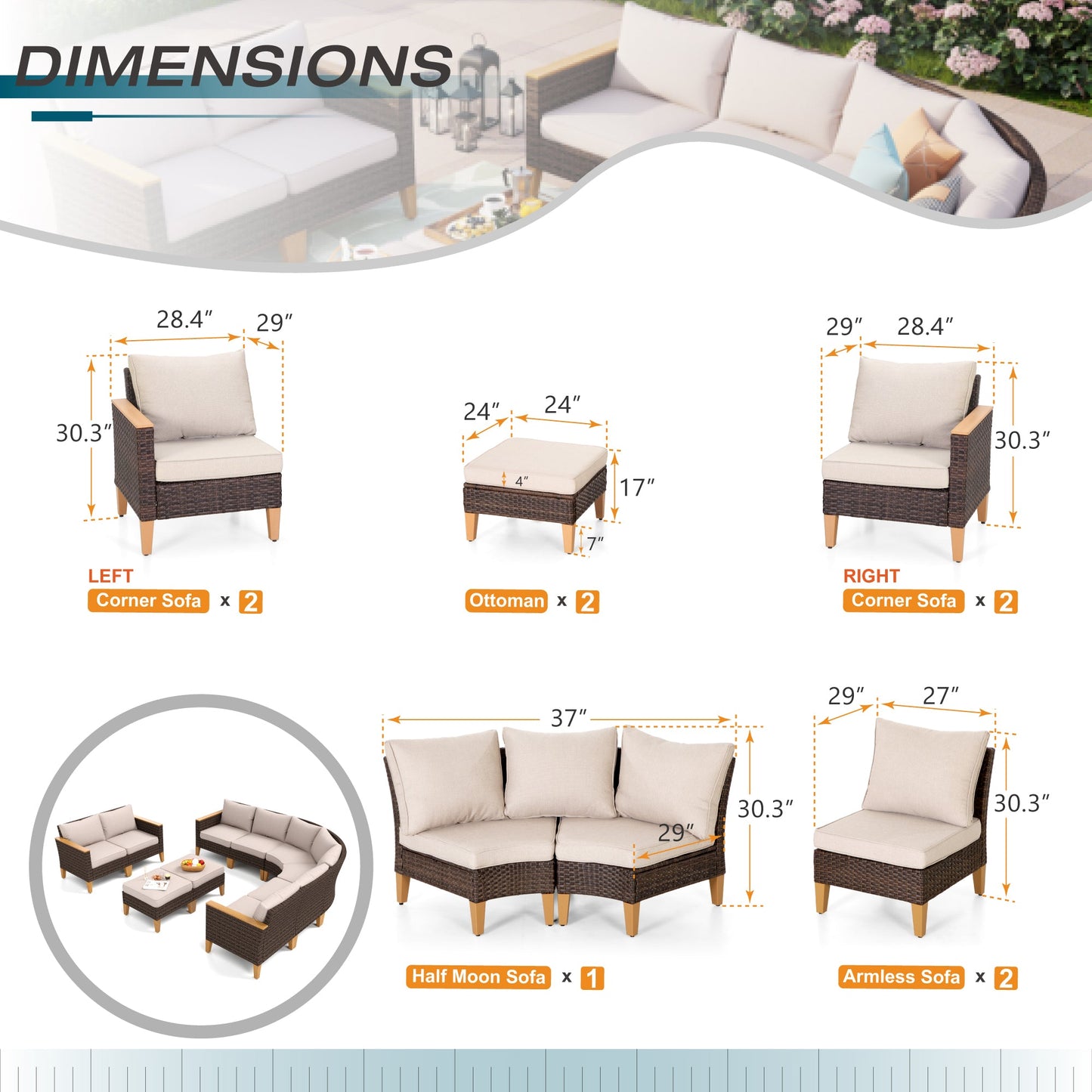 Sophia & William 9 Piece Outdoor Wicker Patio Conversation Sofa Set Outdoor Sectionals