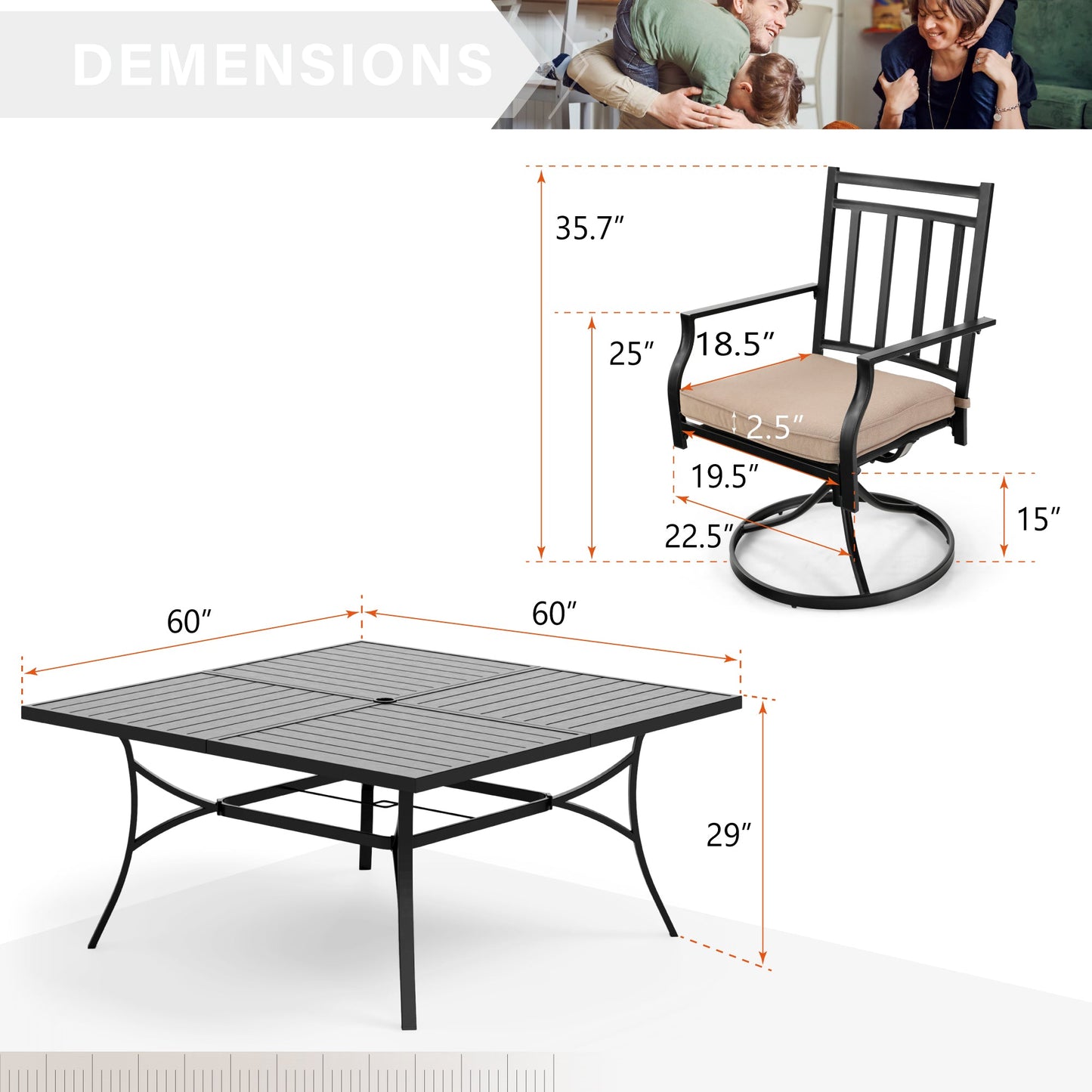 Sophia & William 9 Piece Outdoor Metal Patio Dining Set 60 Square Table and Swivel Chairs Furniture Set for 8