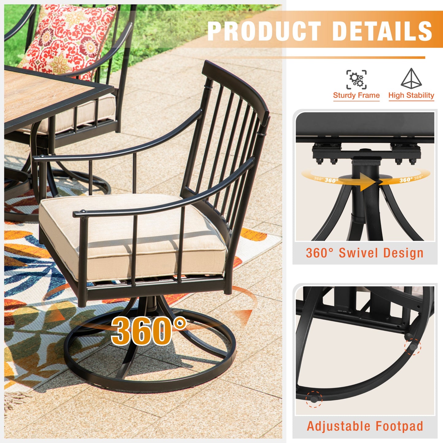 Sophia & William 5-Piece Metal Patio Dining Set Swivel Chairs and Square Table Set