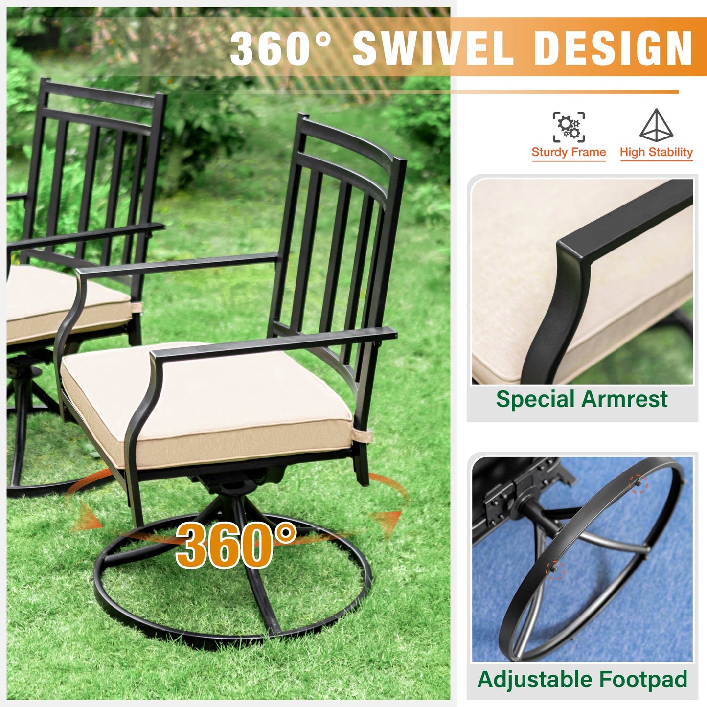 Sophia & William 5 Piece Outdoor Patio Metal Dining Set Cushioned Swivel Chairs and 37 Square Table Set