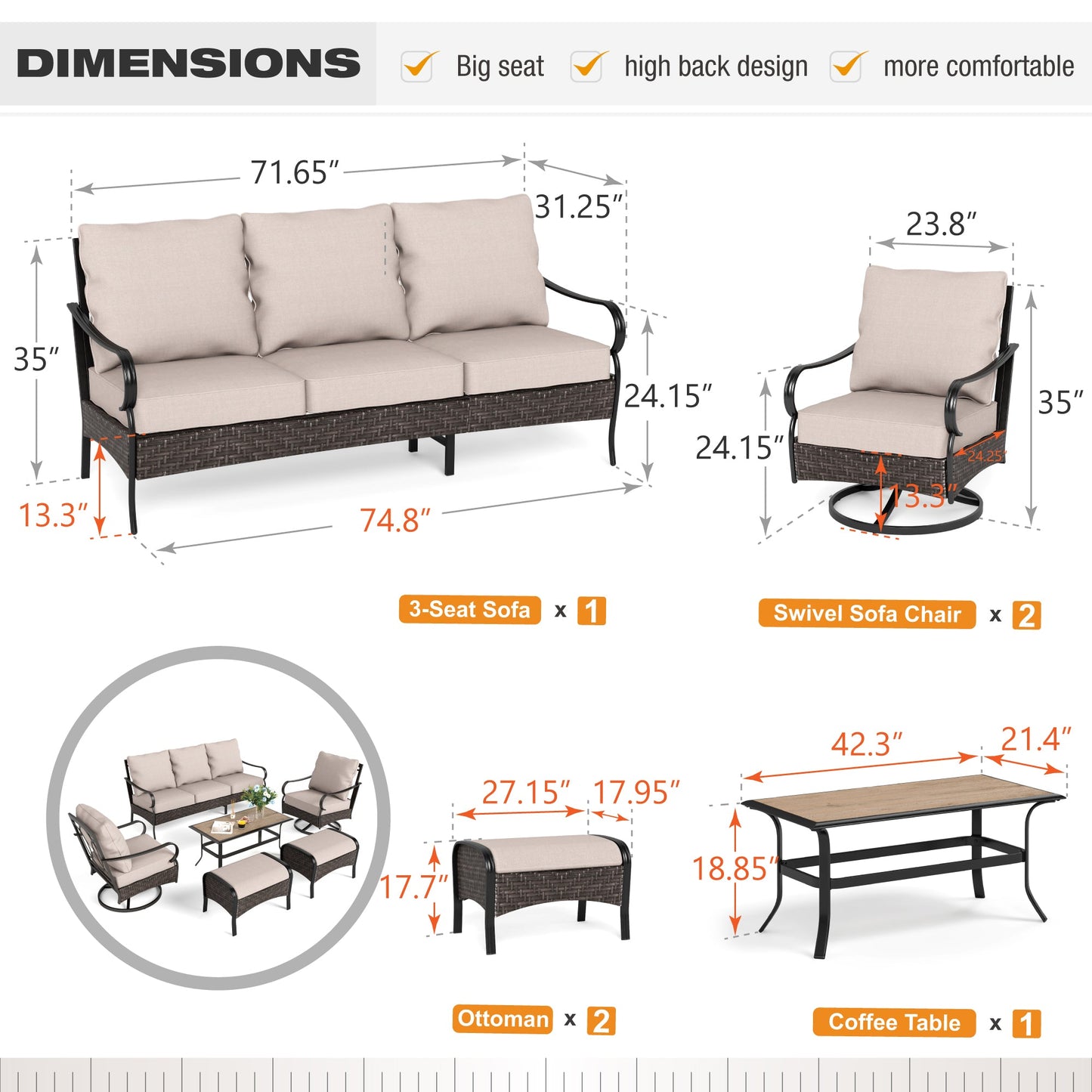 Alpha Joy 6 Piece Metal Patio Conversation Sofa Set 7-Seat Furniture Set with Swivel Chairs