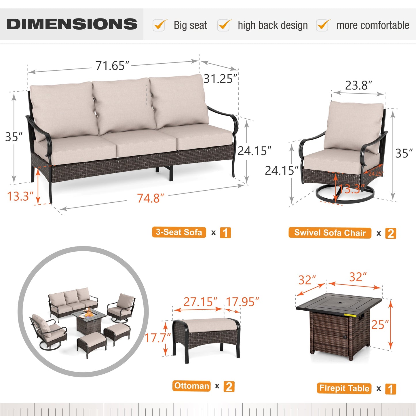 Alpha Joy 6 Piece Metal Patio Conversation Sofa Set 7-Seat Furniture Set with Fire Pit Table