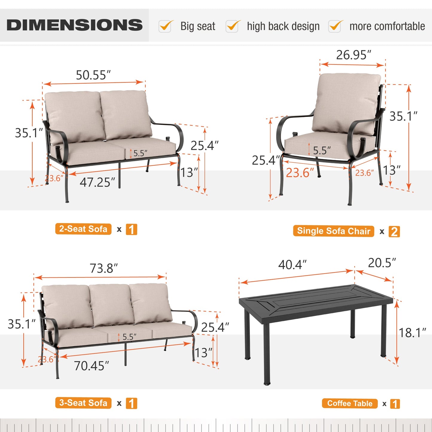 Sophia & William Metal Patio Furniture Set Outdoor Sectional Conversation Set, Beige