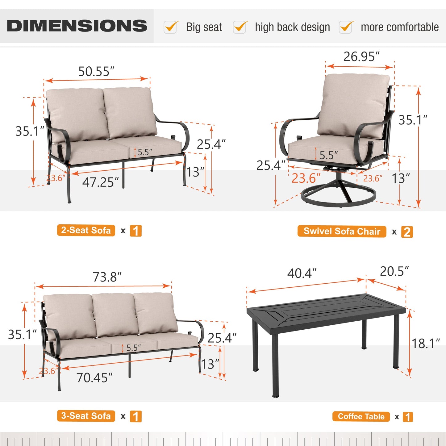 Sophia & William Metal Patio Furniture Set Outdoor Sectional Conversation Set, Beige