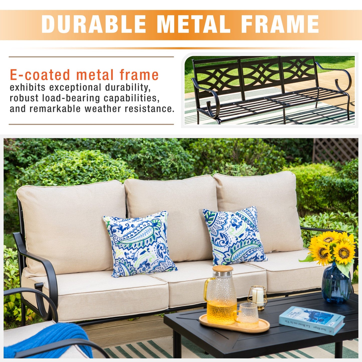 Sophia & William Metal Patio Furniture Set Outdoor Sectional Conversation Set, Beige