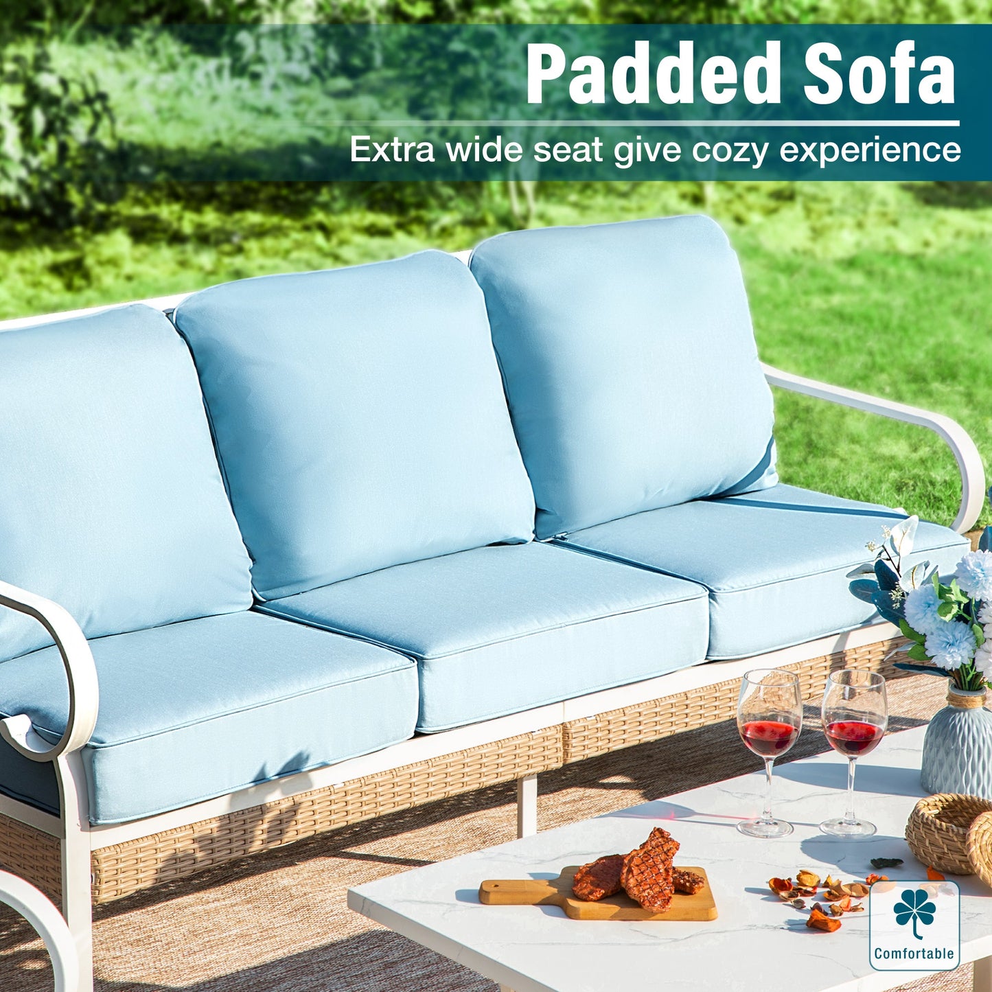 Sophia&William 6 Piece Patio Conversation Set Outdoor Furniture Sofa Set with Fixed & Rocking Chair, Blue