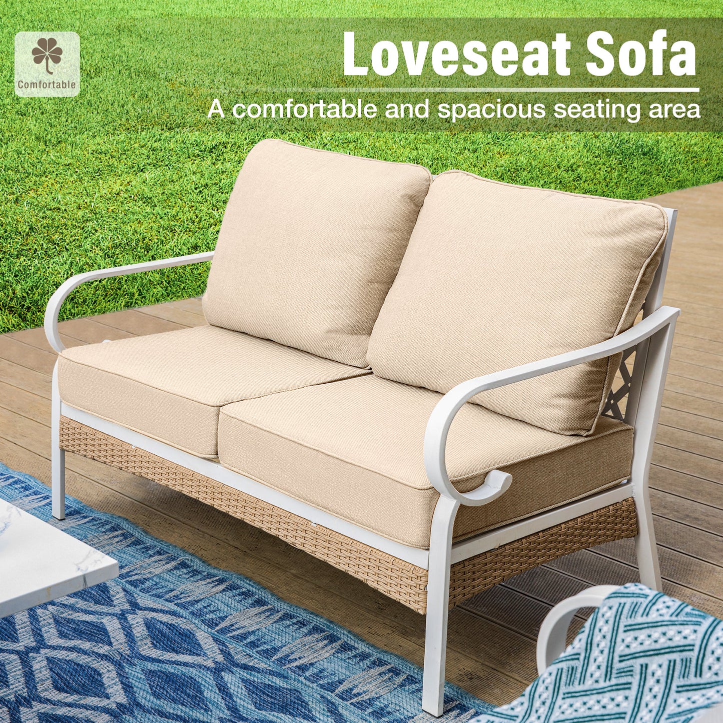 Sophia&William 6 Piece Patio Conversation Set Outdoor Furniture Loveseat Sofa Set with Fixed Chair, Beige