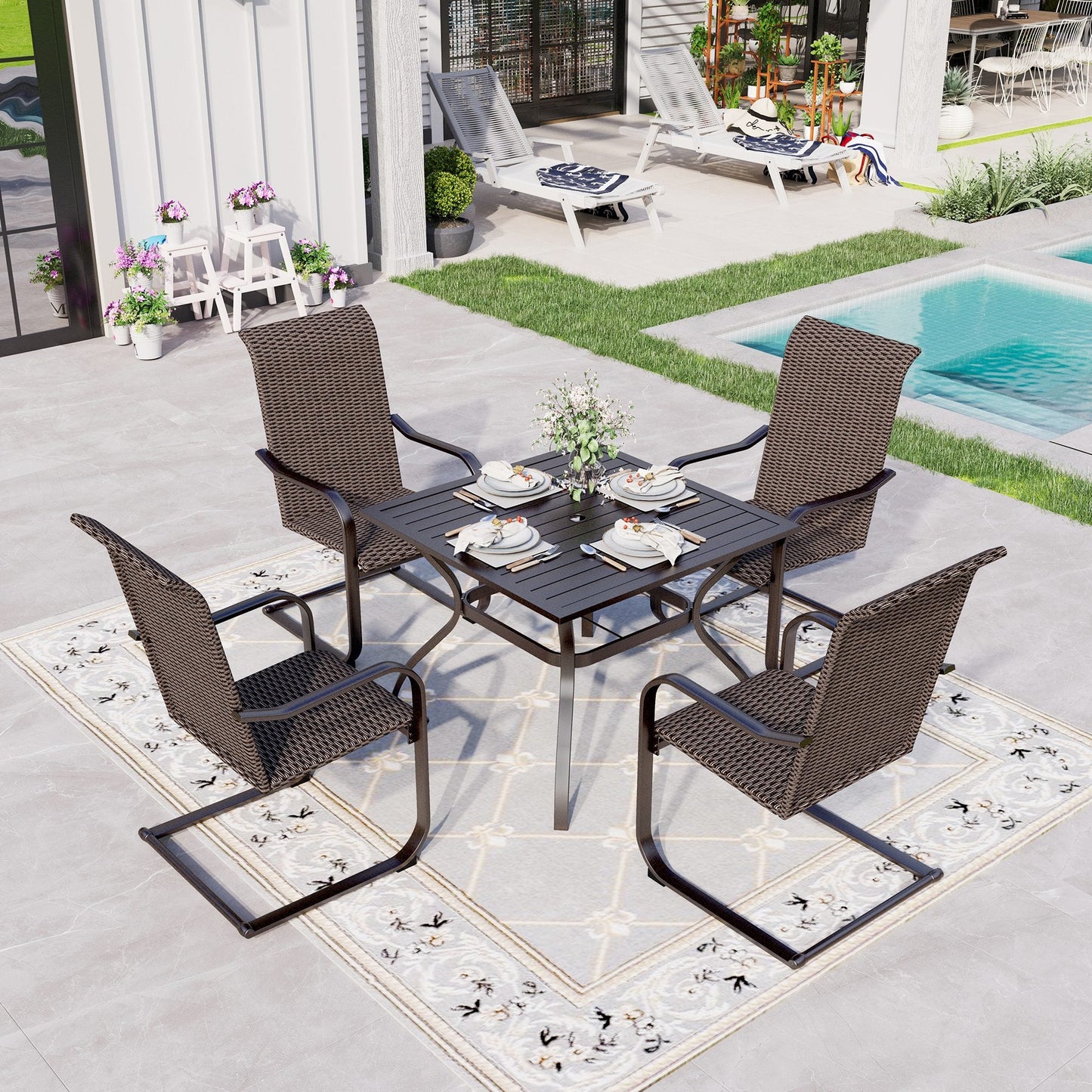 Sophia & William 5 Piece Outdoor Patio Dinning Set Wicker Chairs and Table Set