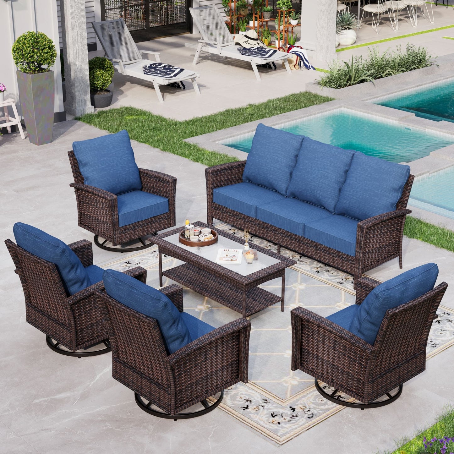 Sophia & William 6 Pieces Wicker Patio Conversation Set 7-Seat Outdoor Furniture Set with Swivel Chairs, Navy Blue