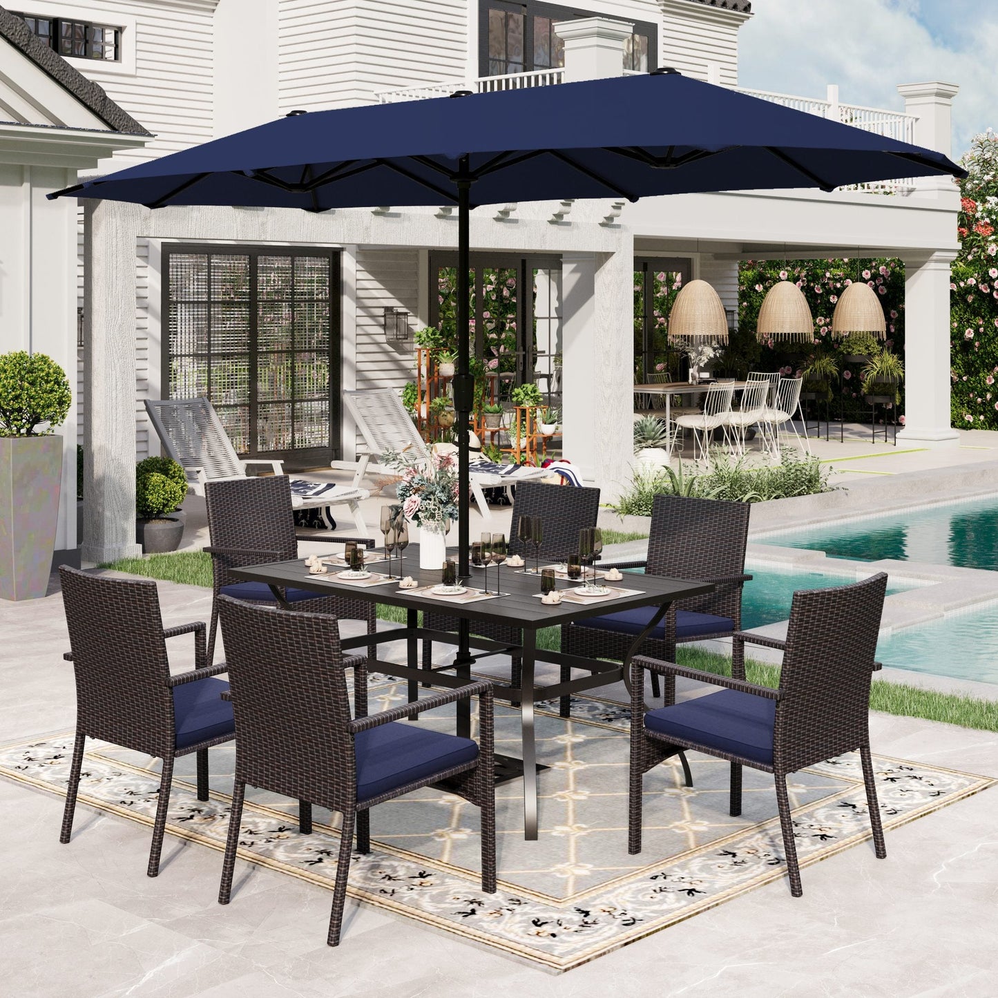 Sophia & William 8 Pieces Outdoor Patio Dining Set with 13 ft Navy Umbrella, Rattan Chairs & Metal Table for 6