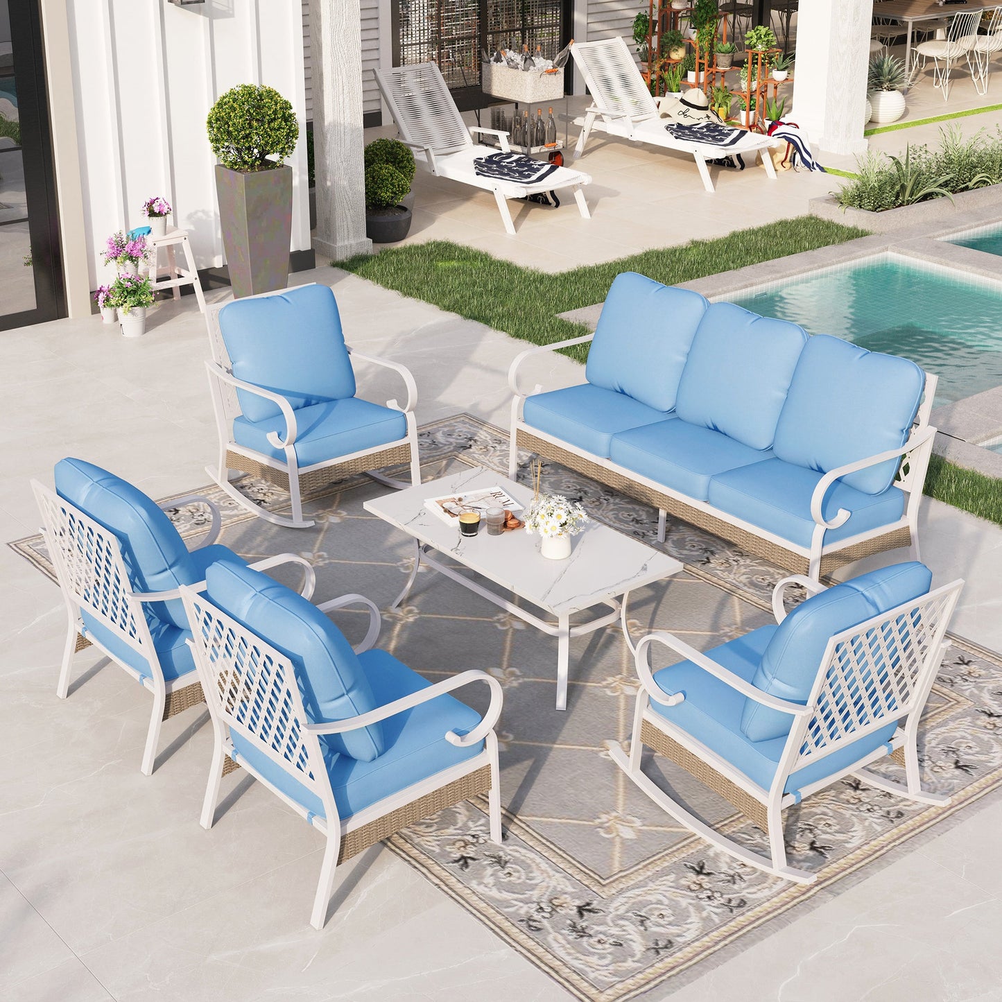 Sophia&William 6 Piece Patio Conversation Set Outdoor Furniture Sofa Set with Fixed & Rocking Chair, Blue