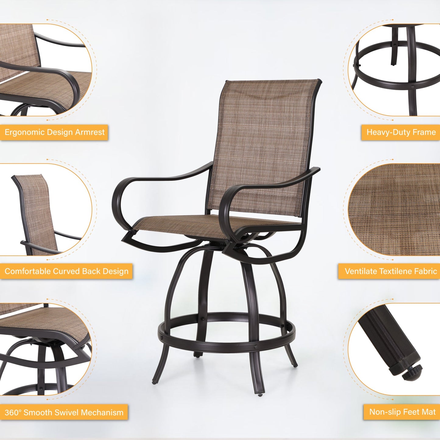 Sophia & William 3 Pieces Patio Outdoor Metal Bar Stools and Table Set Textilene Furniture Set