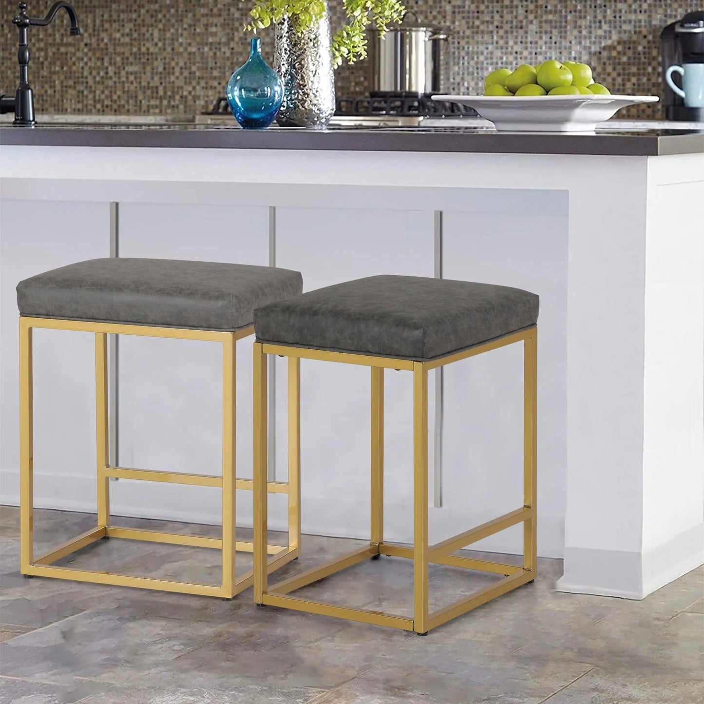 S&W 24 Square Modern PU Leather Bar Stools with Golden Frame-Set of 2-Gray