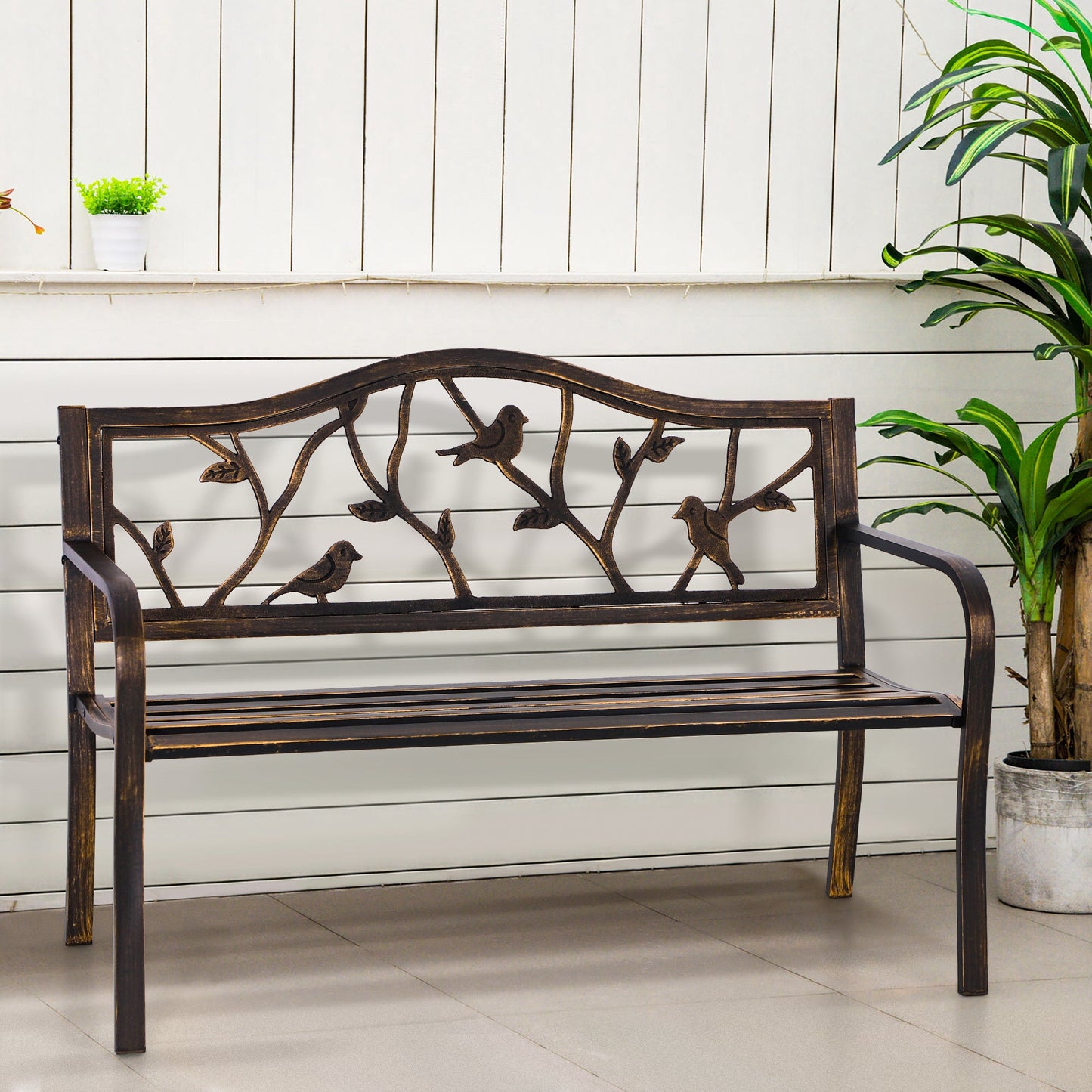 Alpha Joy 50 Patio Garden Bench Slatted Seat for Lawn, Park, Deck- Bronze