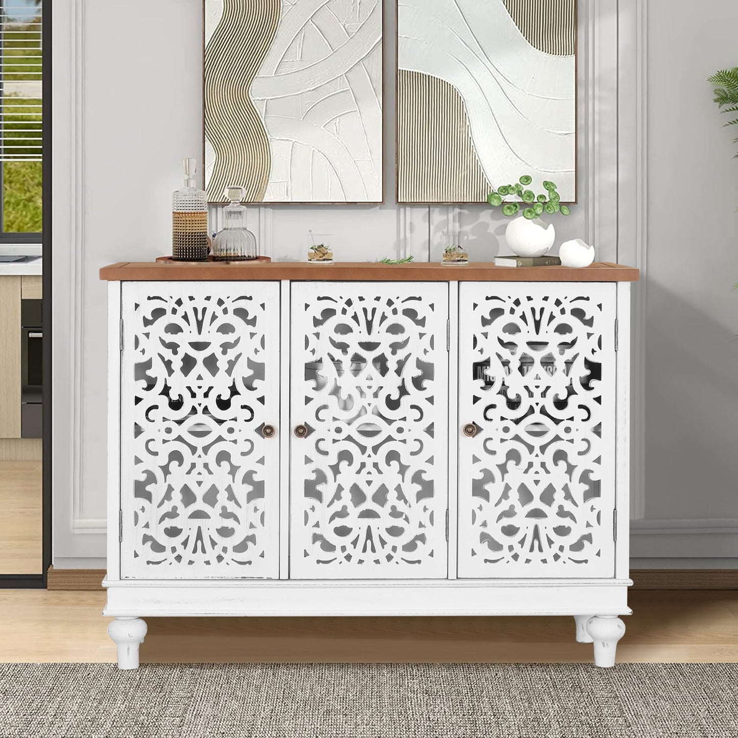 Sophia & William 3-Door Hollow-Carved Sideboard Accent Cabinet for Kitchen, Dining Room, Living Room, Entryway-White