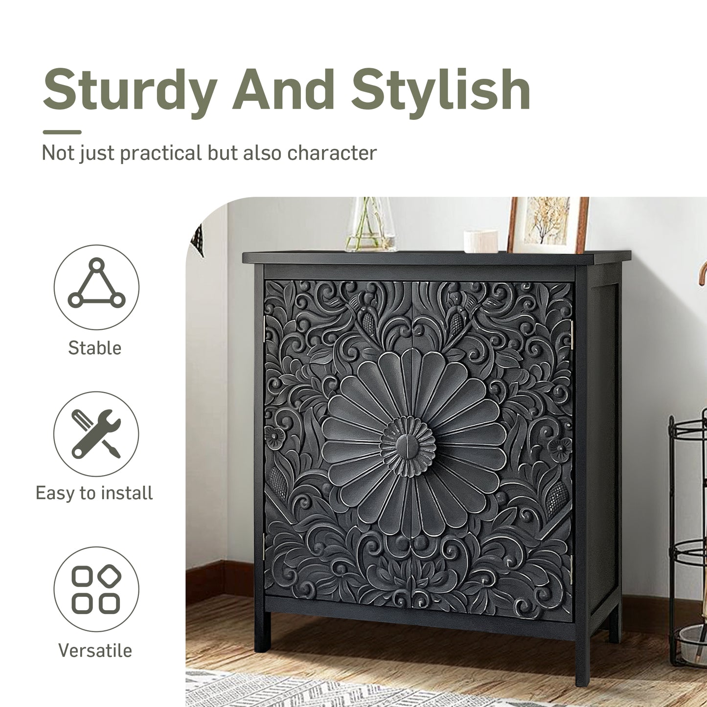 Sophia & William 2-Door Accent Cabinet with Flower Pattern for Dining Room, Living Room,Hallway-Black