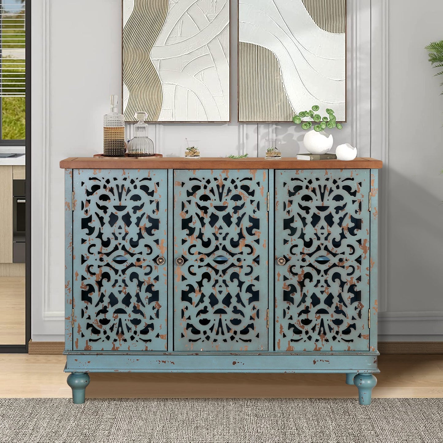 Sophia & William 3-Door Hollow-Carved Sideboard Accent Cabinet for Kitchen, Dining Room, Living Room, Entryway-Blue