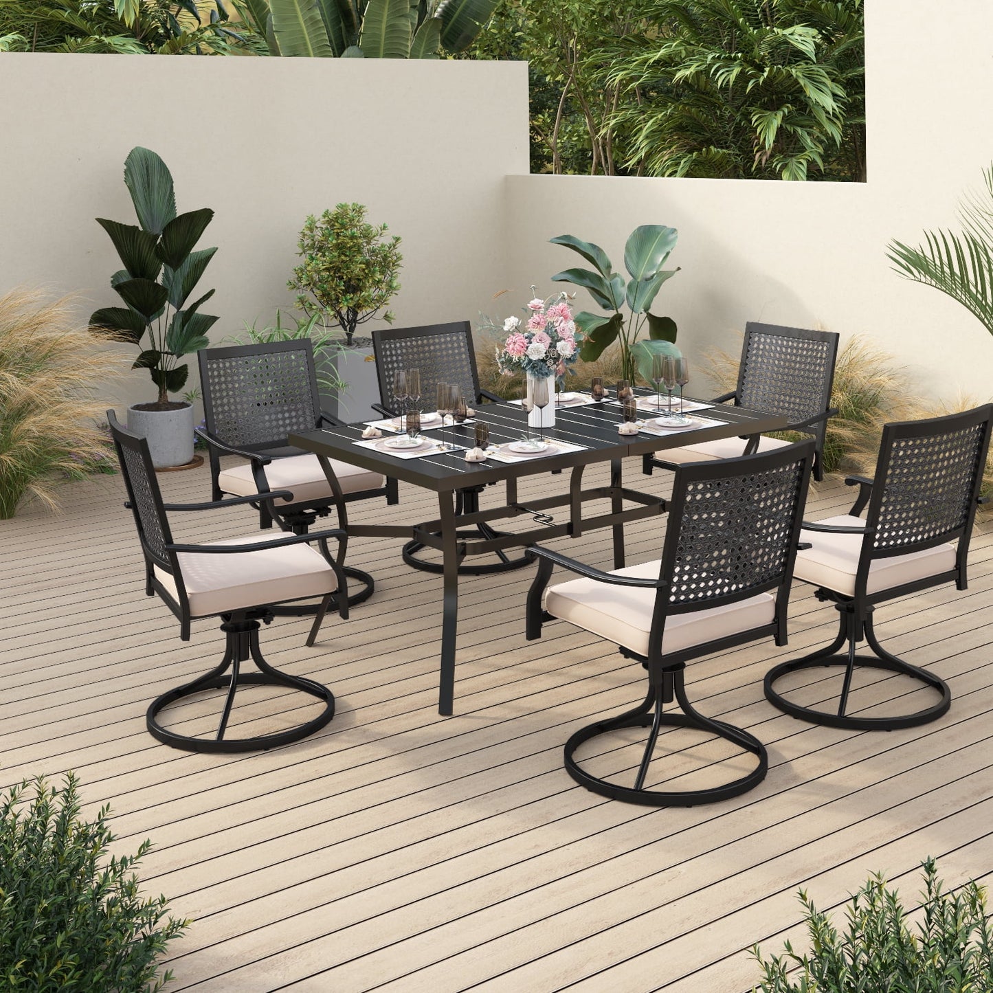 Sophia & William 7 Piece Outdoor Patio Dining Set 6 Cushioned Swivel Chairs and 60 * 38 Teak Wood Table