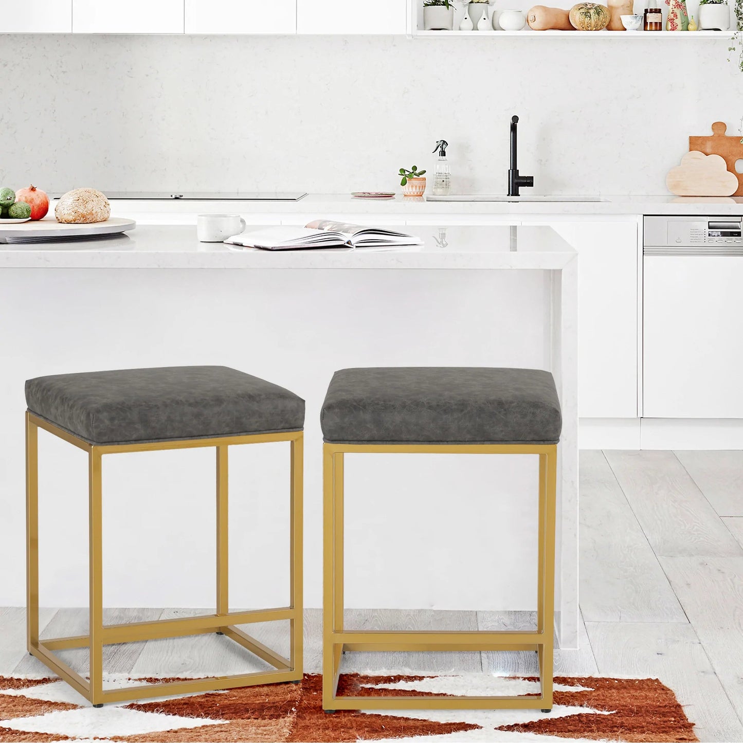 S&W 24 Square Modern PU Leather Bar Stools with Golden Frame-Set of 2-Gray