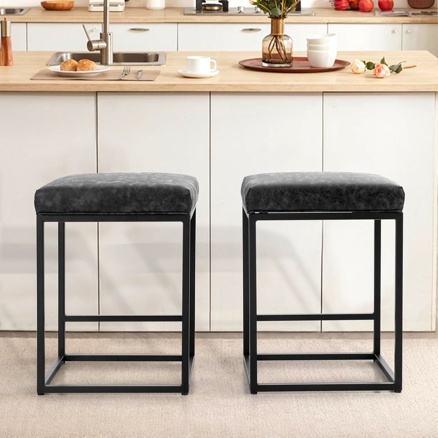 Sophia & William 24 Bar Stool Counter Height Bar Stools with Footrest-Set of 2-Black