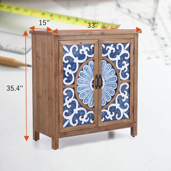 Sophia & William 2-Door Rustic Accent Cabinet with Blue and White Porcelain Pattern