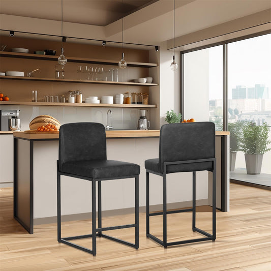 Garden Grotto Black Bar Stools Set of 2, Counter Height 24" Bar Stools with Backs, Modern PU Leather Kitchen Island Chairs