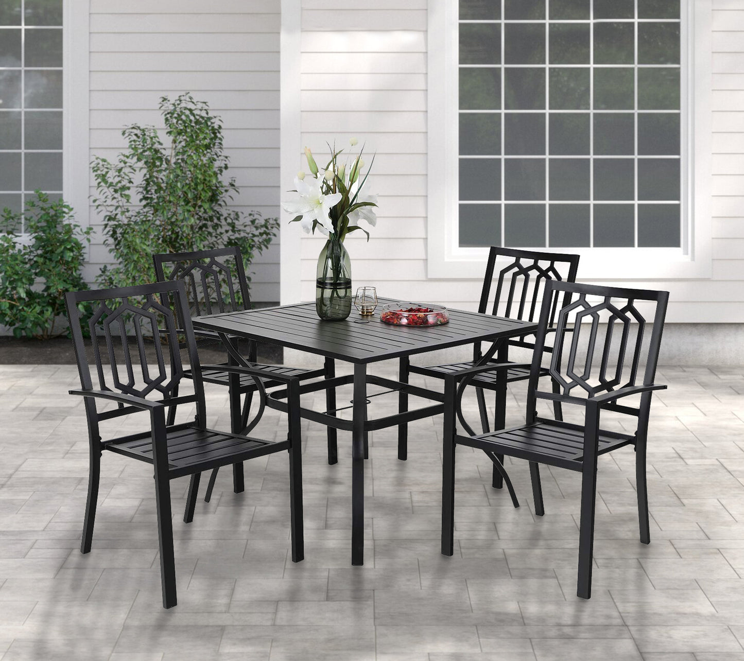 Sophia & William 5 Pcs Metal Patio Dining Set Outdoor Stackable Chairs and 37 Square Table, Black