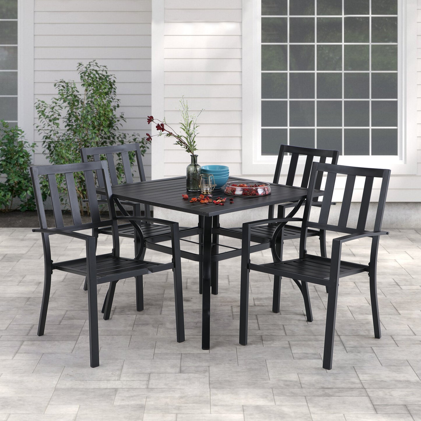 Sophia & William Outdoor Patio Metal Dining Chairs Iron Stackabe Chair with Armrest Set of 4, Black