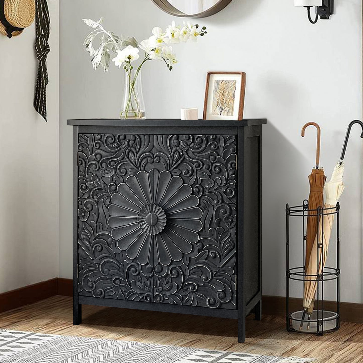 Sophia & William 2-Door Accent Cabinet with Flower Pattern for Dining Room, Living Room,Hallway-Black