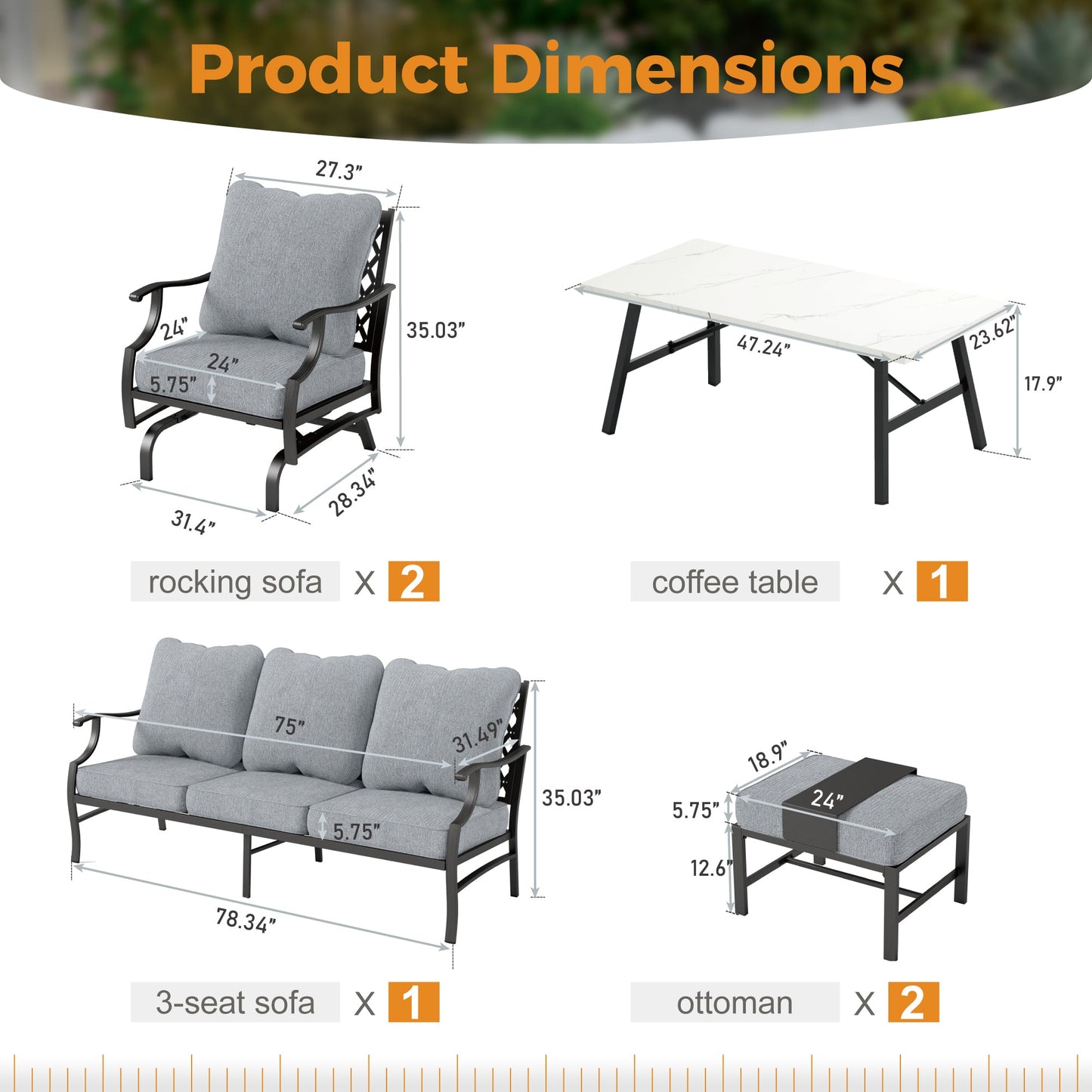 Sophia&William 7 Seat Patio Conversation Set Outdoor Sofa Furniture Set with Marble Table & Ottomans, Gray