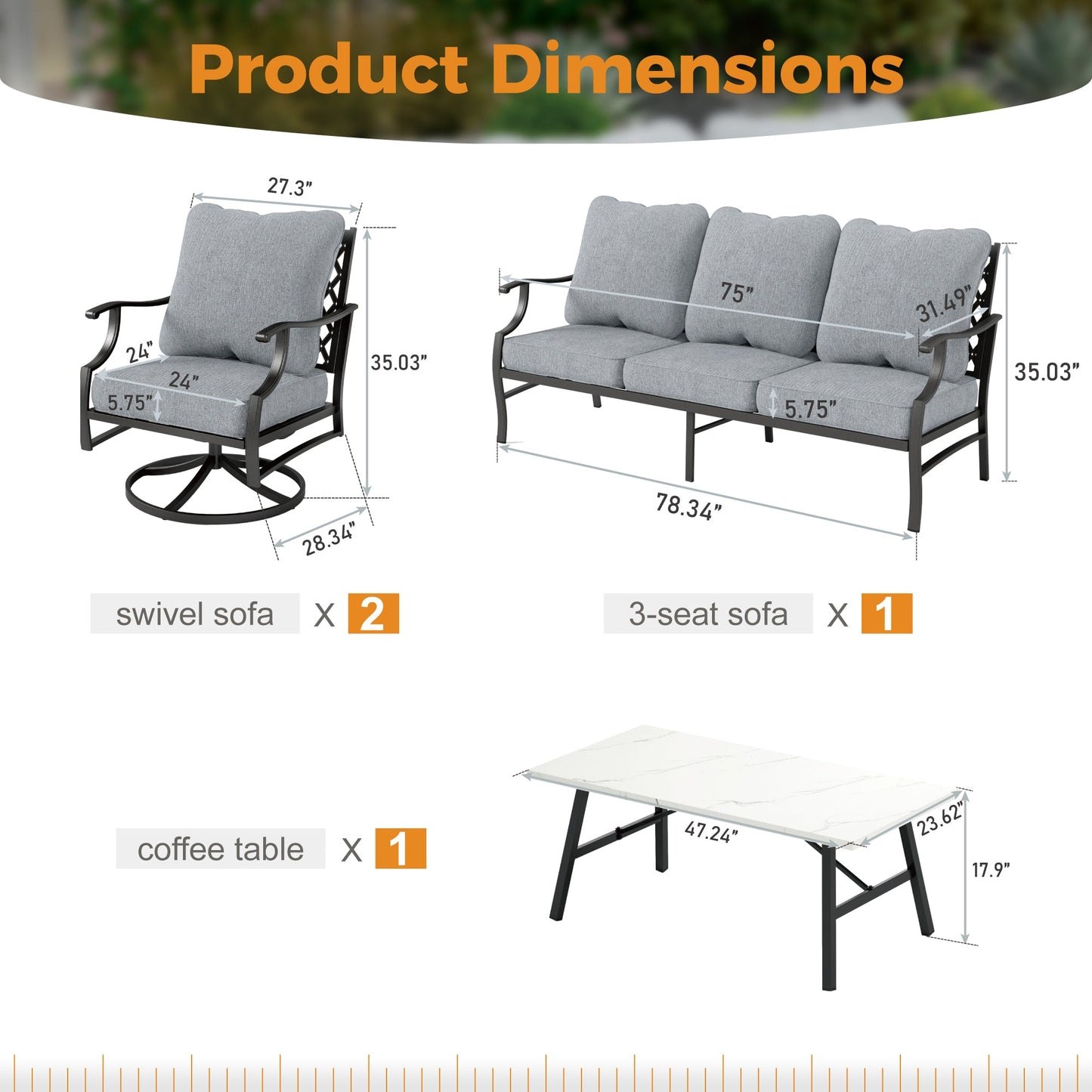 Sophia&William 5 Seat Patio Conversation Set Outdoor Sofa Furniture Set with Marble Table, Gray