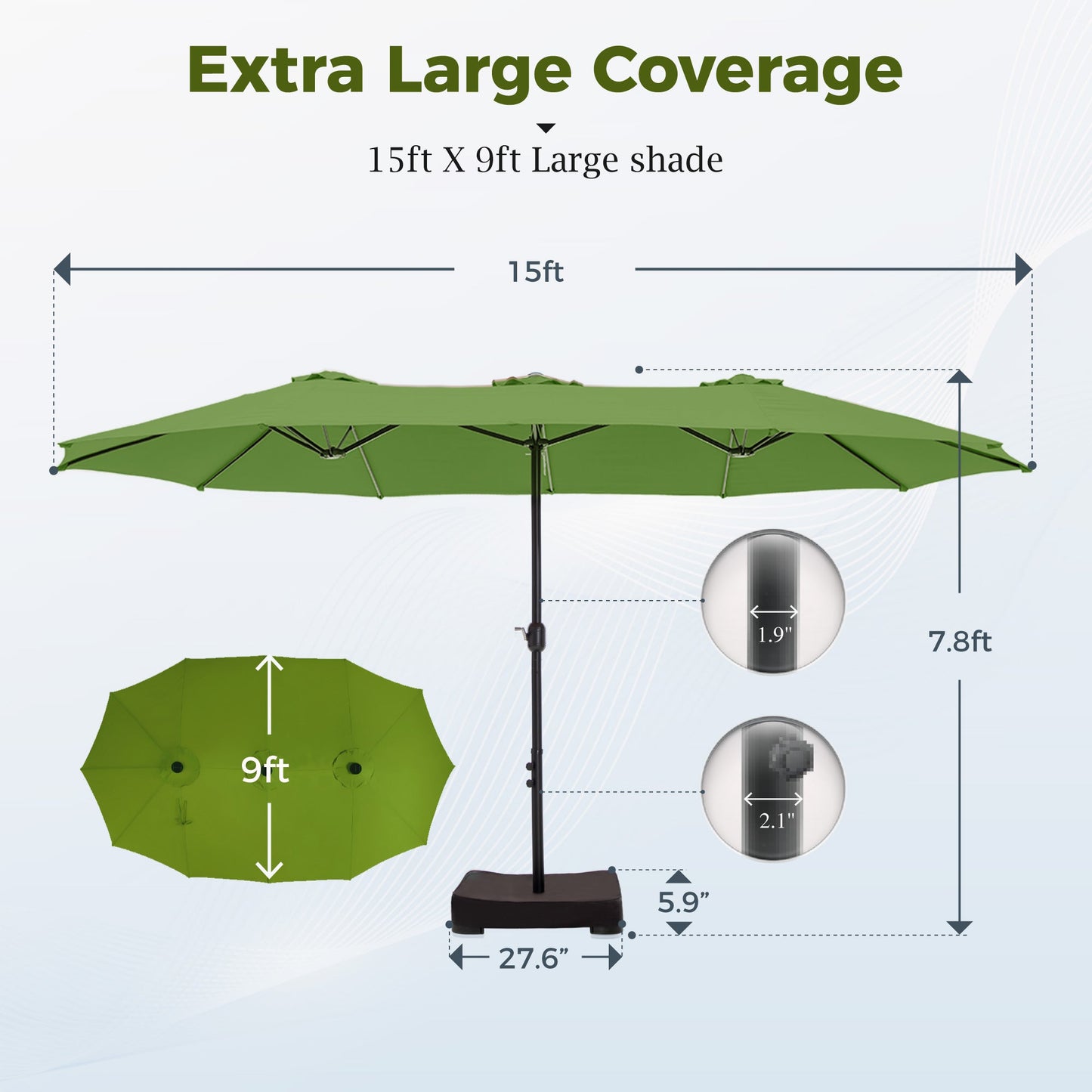 Alpha Joy 15ft Outdoor Patio Umbrella Extra-Large Double-Sided Garden Umbrella with Crank Handle and Base - Lime Green