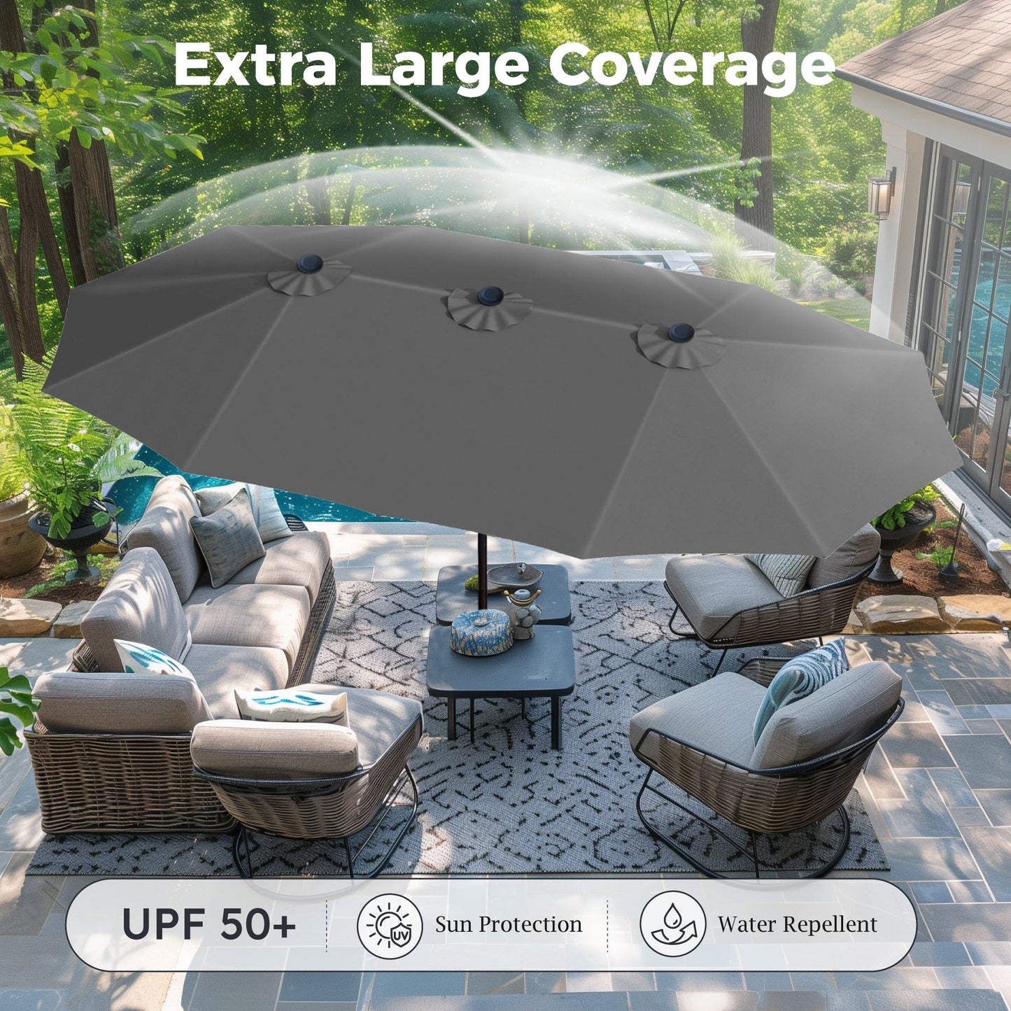 Alpha Joy 15ft Outdoor Patio Umbrella Extra-Large Double-Sided Garden Umbrella with Crank Handle and Base - Light Gray