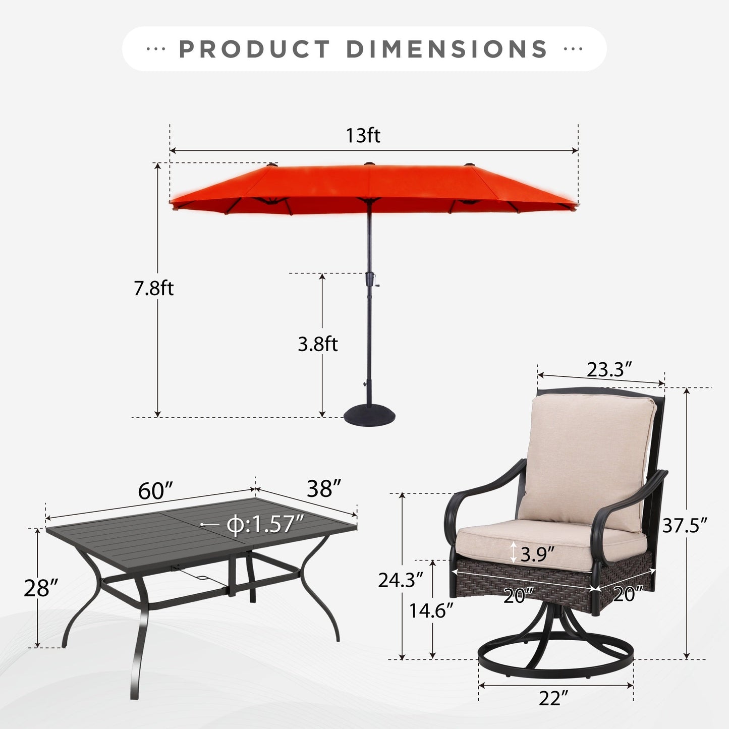 Sophia & William 8-Piece Outdoor Patio Dining Set with 13 ft Orange Red Umbrella, Swivel Chairs & Rectangle Table for 6