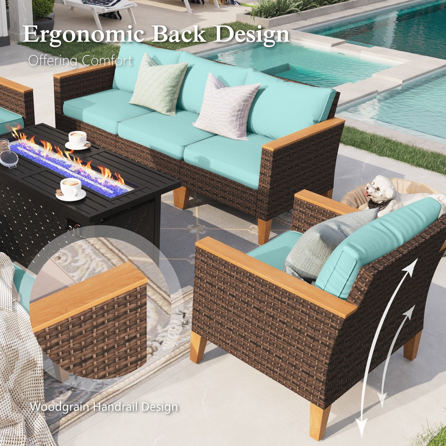 Sophia & William 8 Piece Outdoor Wicker Patio Conversation Sofa Set with Fire Pit Table, Turquoise