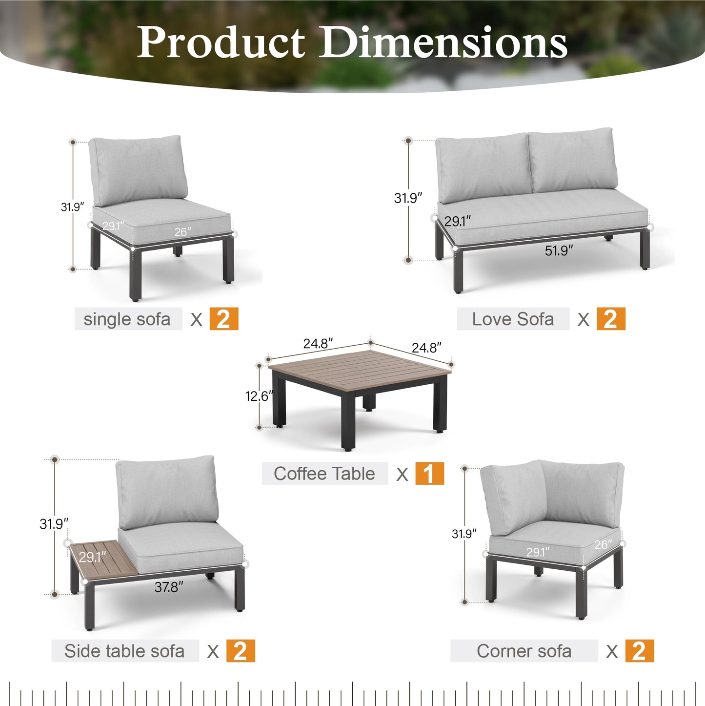 Sophia & William 9 Pieces Patio Furniture Set Sectional Metal Outdoor Conversation Set with Coffee Table, Light Grey Cushion