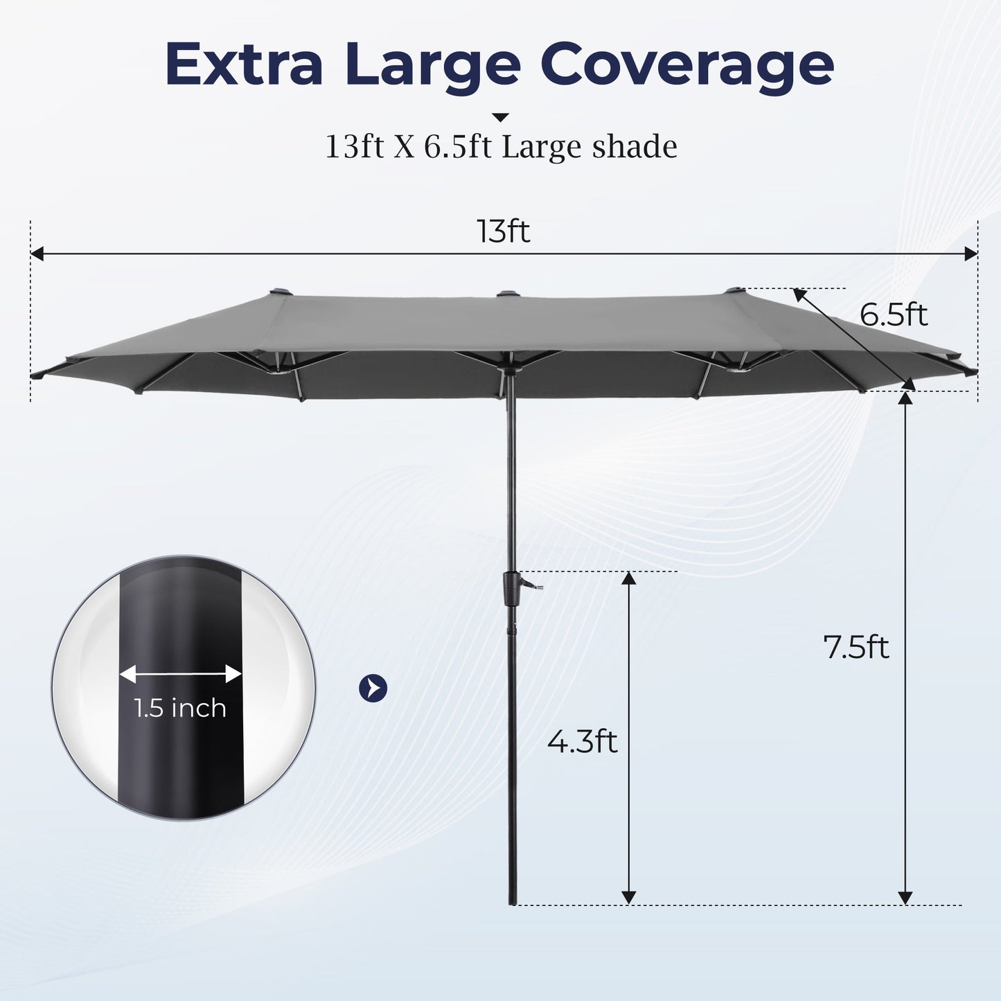 Alpha Joy 13x6.5ft Double-Sided Extra Large Outdoor Patio Market Rectangle Umbrella with Crank Handle, Light Gray