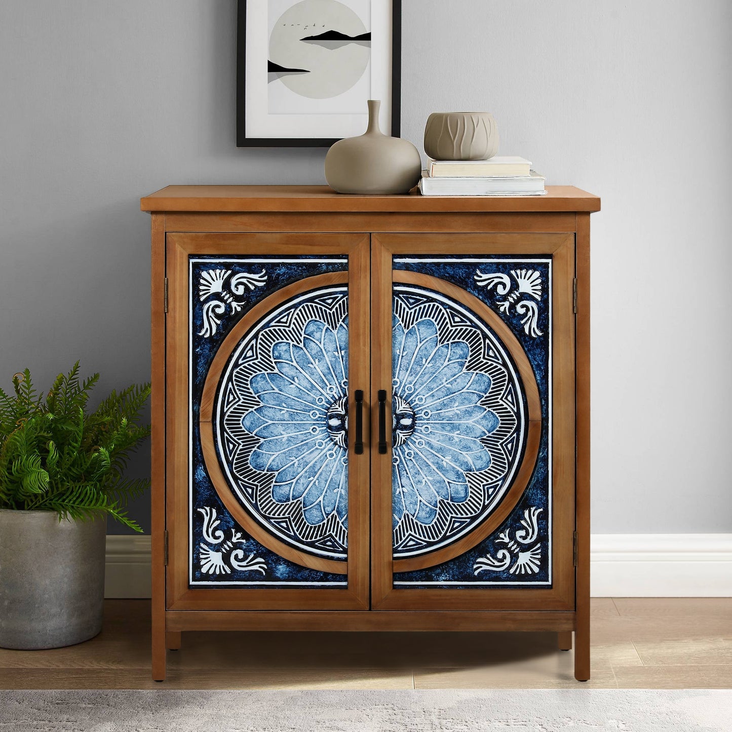 Alpha Joy 2-Door Accent Cabinet with Blue and White Porcelain Pattern for Dining Room, Living Room,Hallway