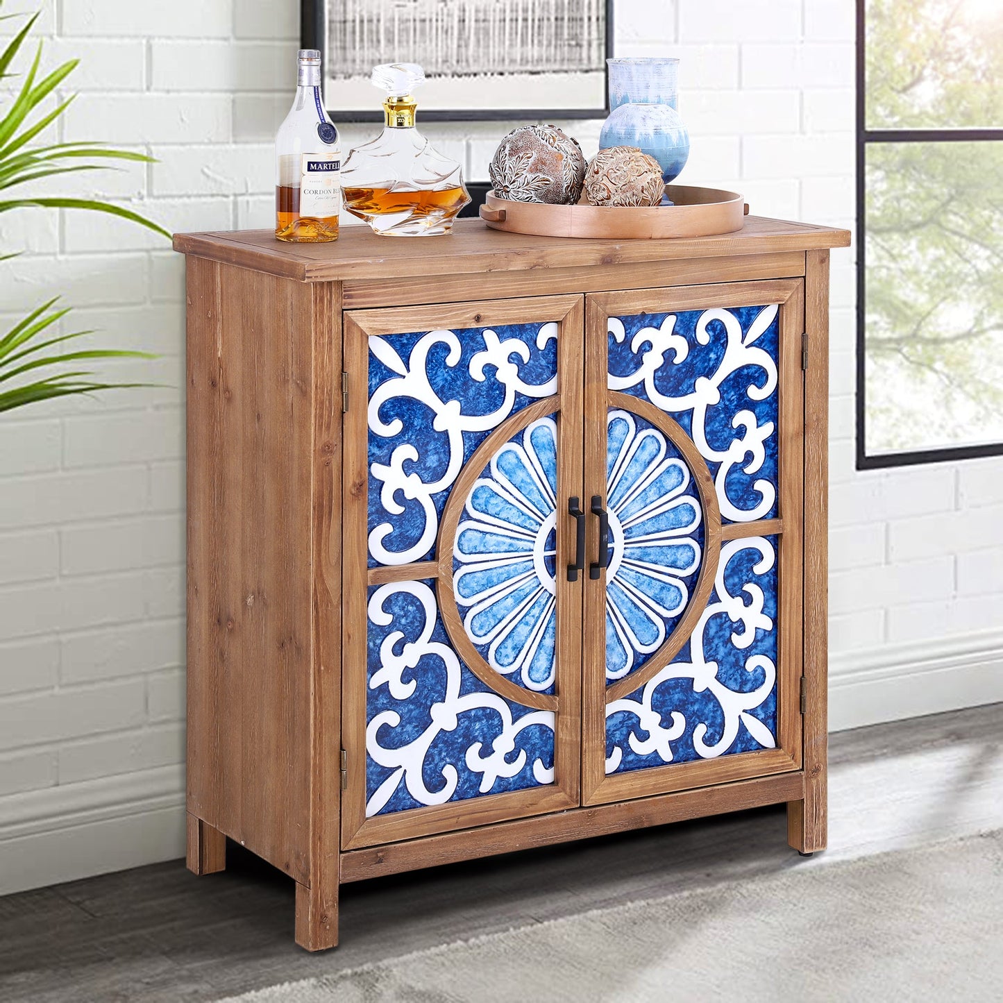 Sophia & William 2-Door Rustic Accent Cabinet with Blue and White Porcelain Pattern