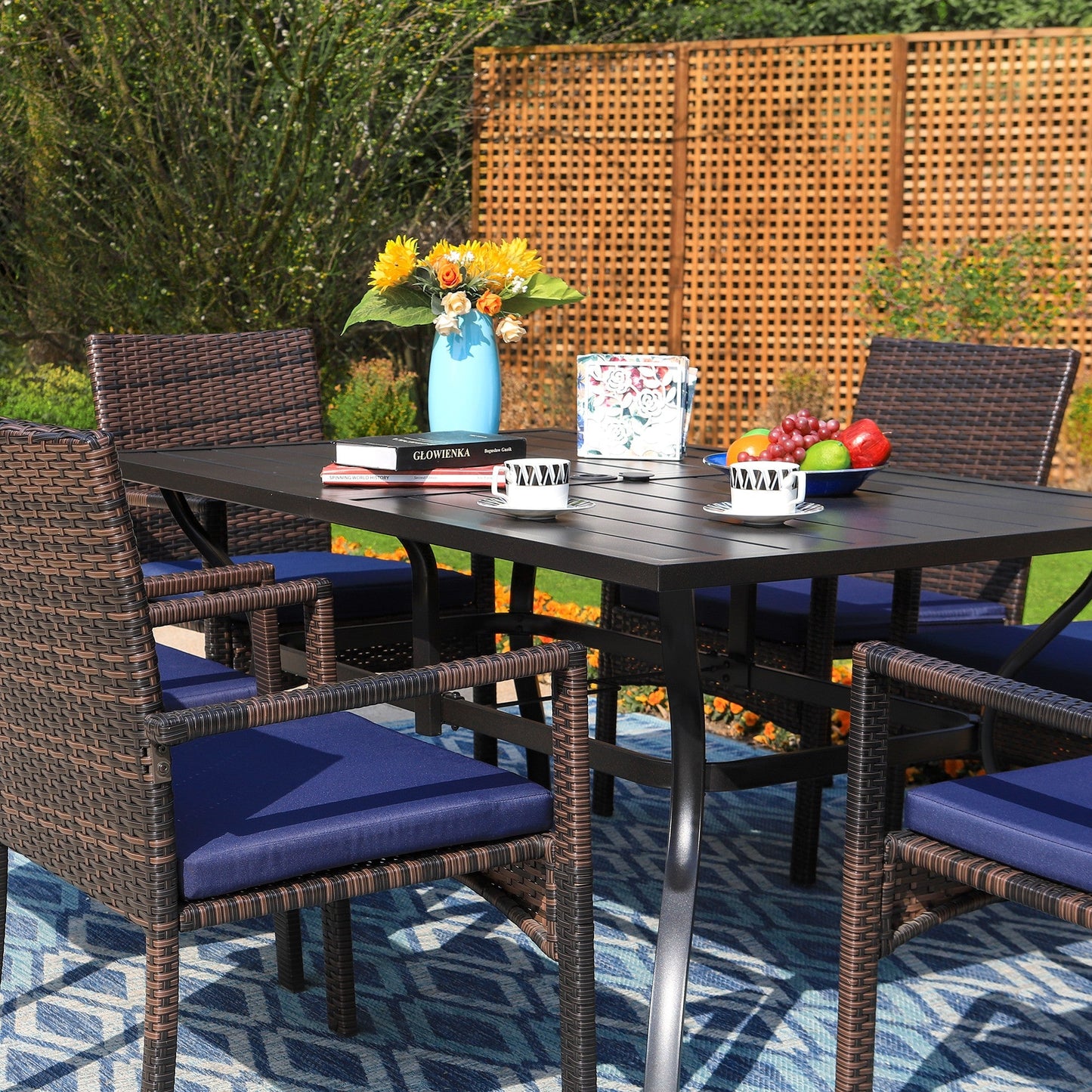 Sophia & William 8 Pieces Outdoor Patio Dining Set with 13 ft Navy Umbrella, Rattan Chairs & Metal Table for 6