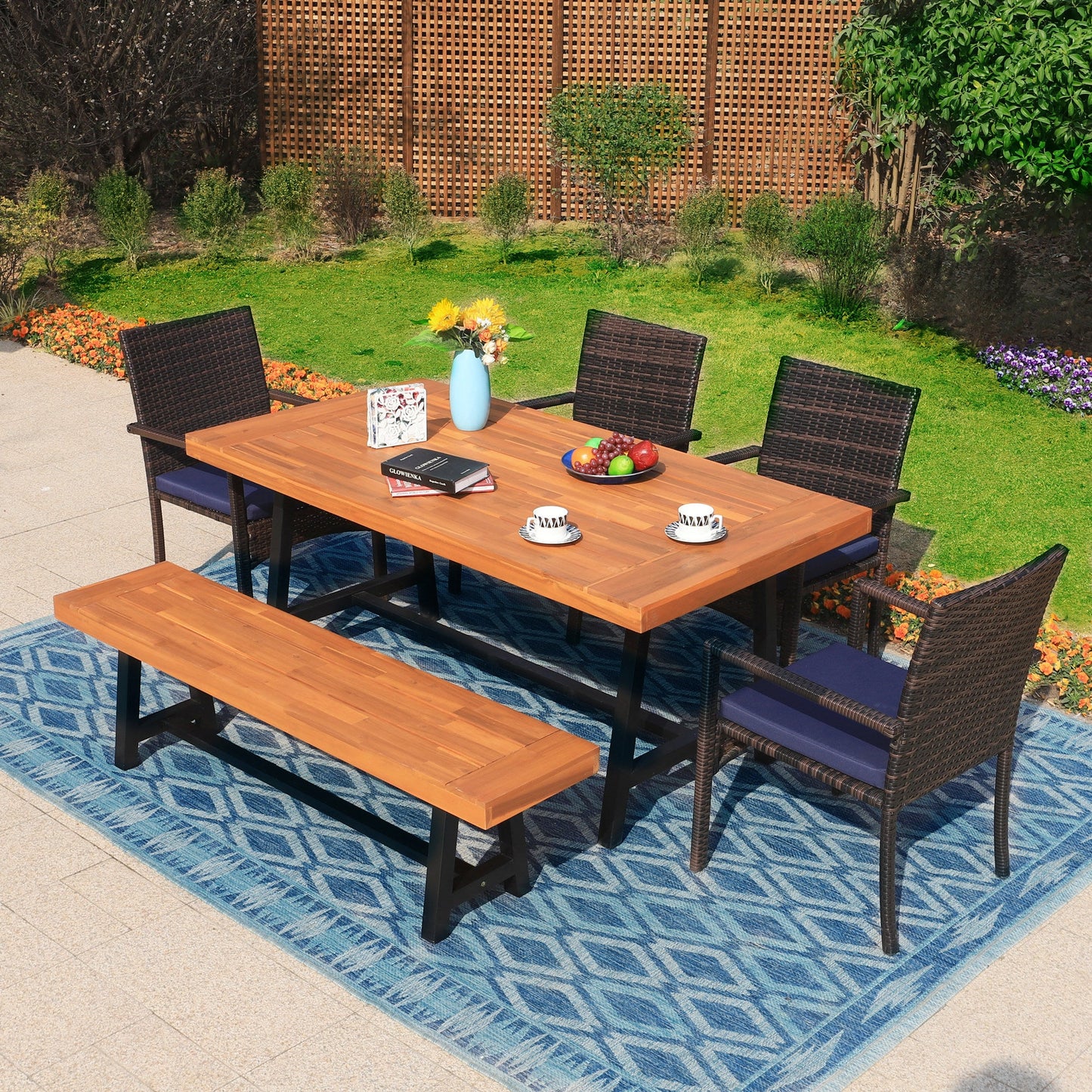 Sophia&William 6-Piece Outdoor Patio Dining Set Wicker Rattan Chairs and Bench Table Set