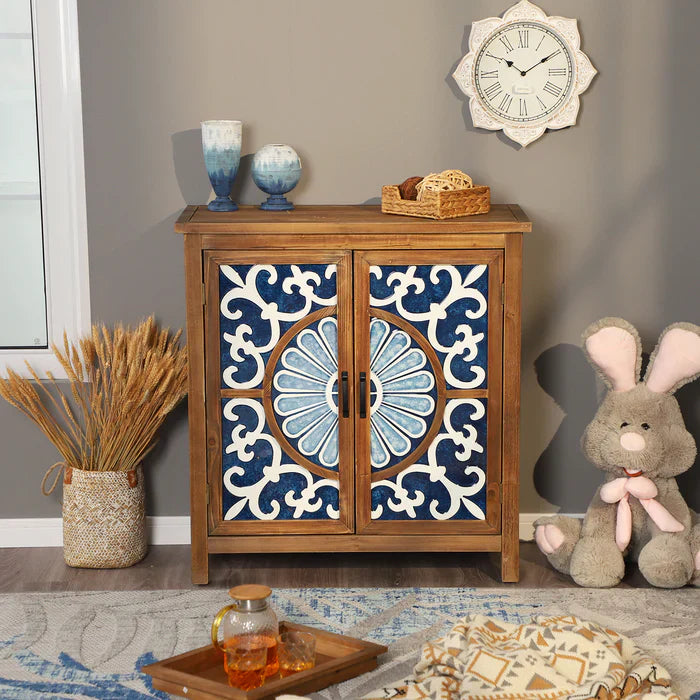 Sophia & William 2-Door Rustic Accent Cabinet with Blue and White Porcelain Pattern