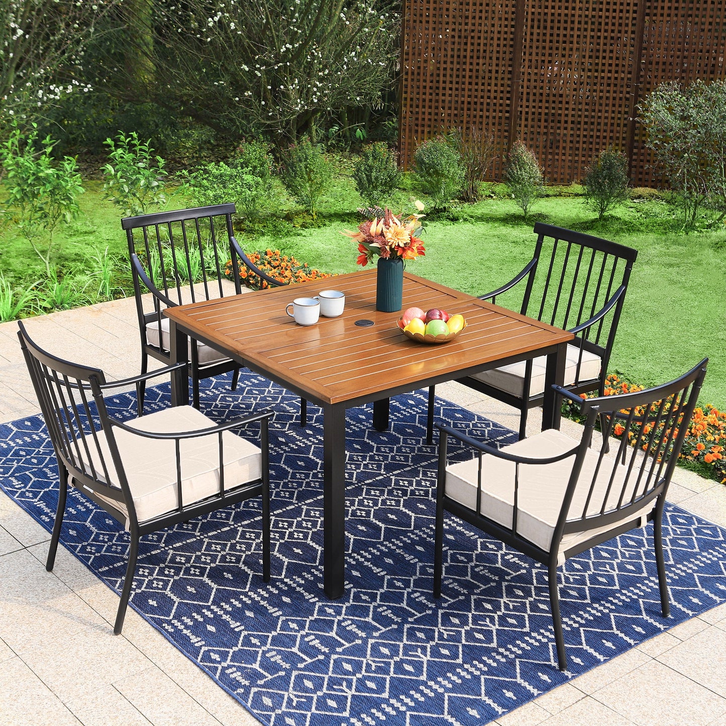 Sophia & William 5Pcs Patio Outdoor Dining Set Teak-Grain Steel Table and Cushioned Chairs Furniture Set