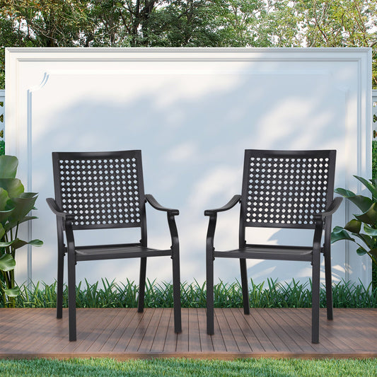 Garden Grotto 2PCS Outdoor Patio Wrought Iron Arm Dining Chairs Metal Stackable Furniture Chairs, Black